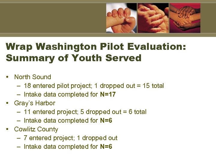 Wrap Washington Pilot Evaluation: Summary of Youth Served • North Sound – 18 entered