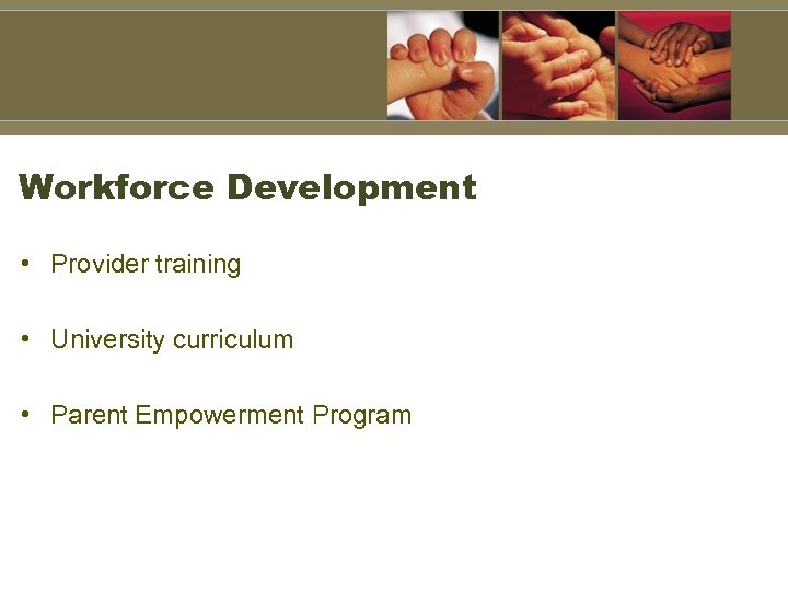 Workforce Development • Provider training • University curriculum • Parent Empowerment Program 