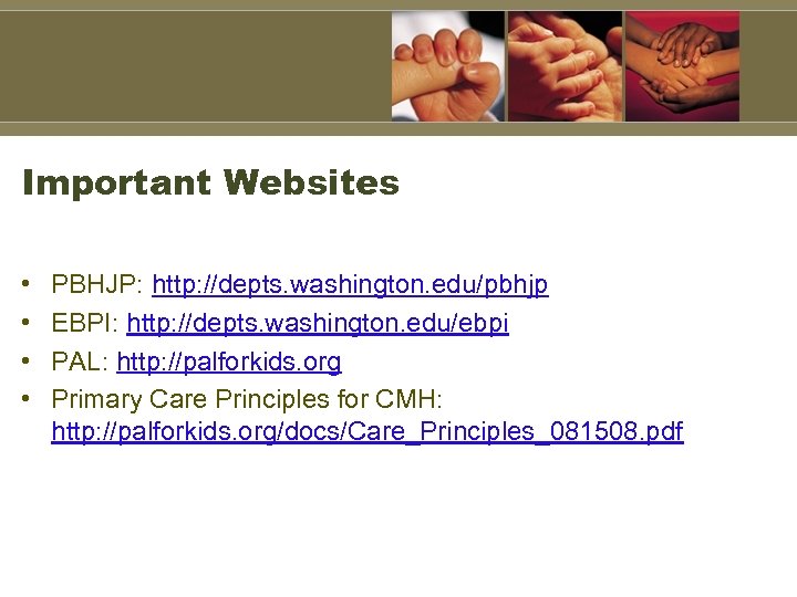 Important Websites • • PBHJP: http: //depts. washington. edu/pbhjp EBPI: http: //depts. washington. edu/ebpi