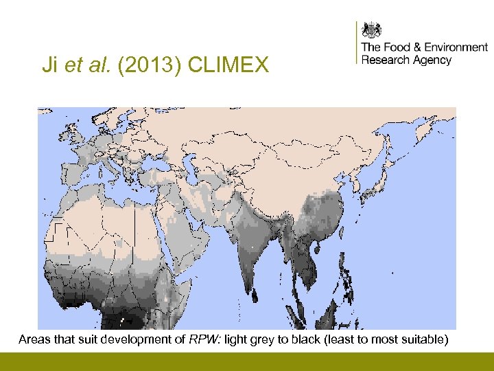 Ji et al. (2013) CLIMEX Areas that suit development of RPW: light grey to