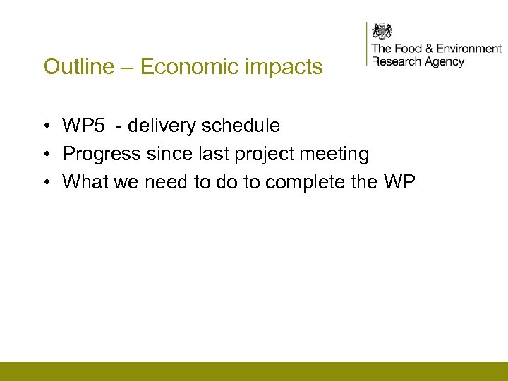 Outline – Economic impacts • WP 5 - delivery schedule • Progress since last