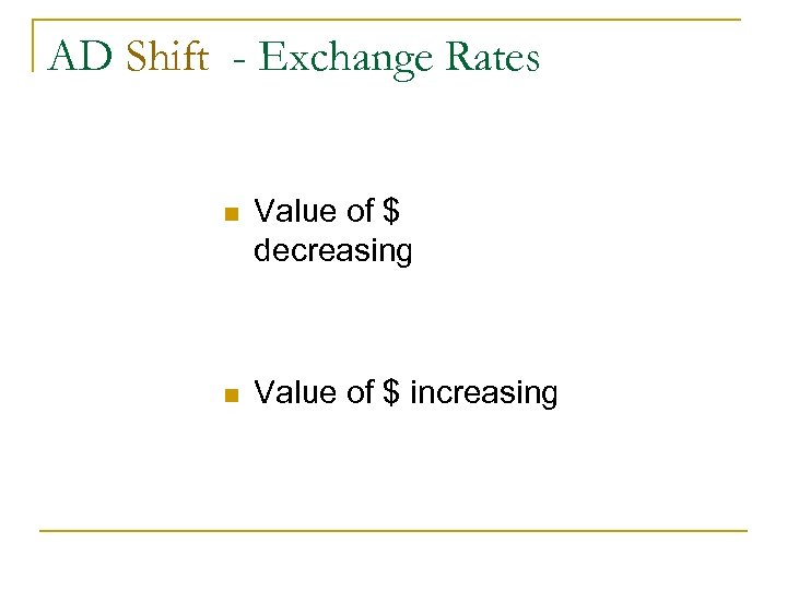 AD Shift - Exchange Rates n Value of $ decreasing n Value of $