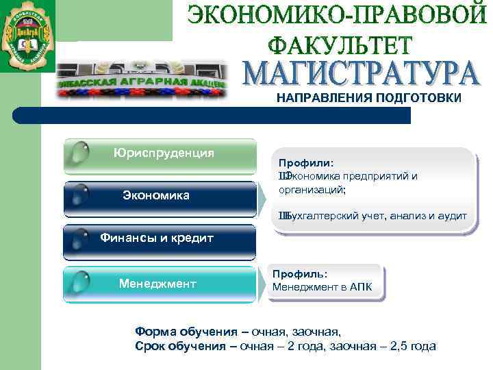 НАПРАВЛЕНИЯ ПОДГОТОВКИ Юриспруденция Экономика Профили: Ш Экономика предприятий и организаций; Ш Бухгалтерский учет, анализ