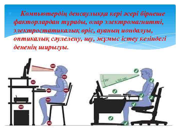  Компьютердің денсаулыққа кері әсері бірнеше факторлардан тұрады, олар электромагниттi, электростатикалық өрiс, ауаның иондалуы,