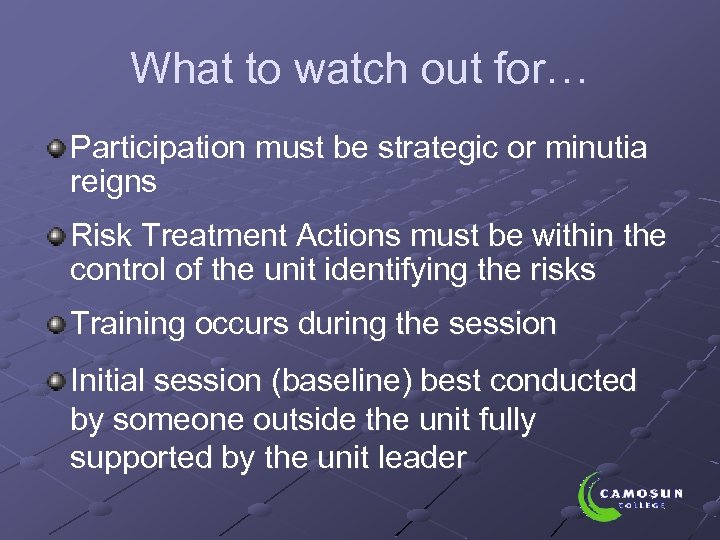 What to watch out for… Participation must be strategic or minutia reigns Risk Treatment