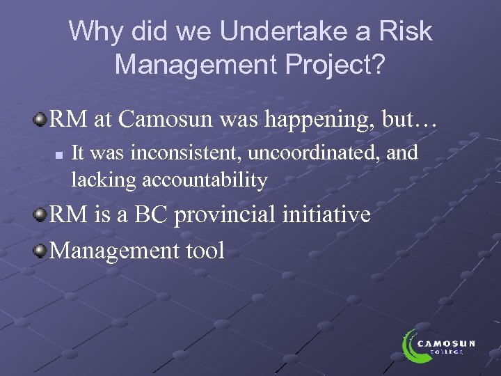 Why did we Undertake a Risk Management Project? RM at Camosun was happening, but…