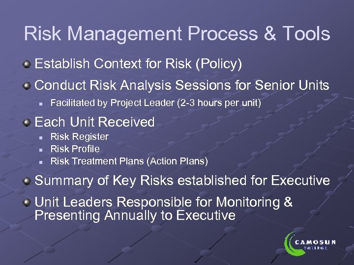 Risk Management Process & Tools Establish Context for Risk (Policy) Conduct Risk Analysis Sessions