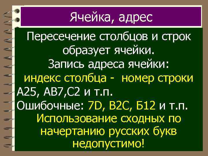 Ячейка, адрес Пересечение столбцов и строк образует ячейки. Запись адреса ячейки: индекс столбца -