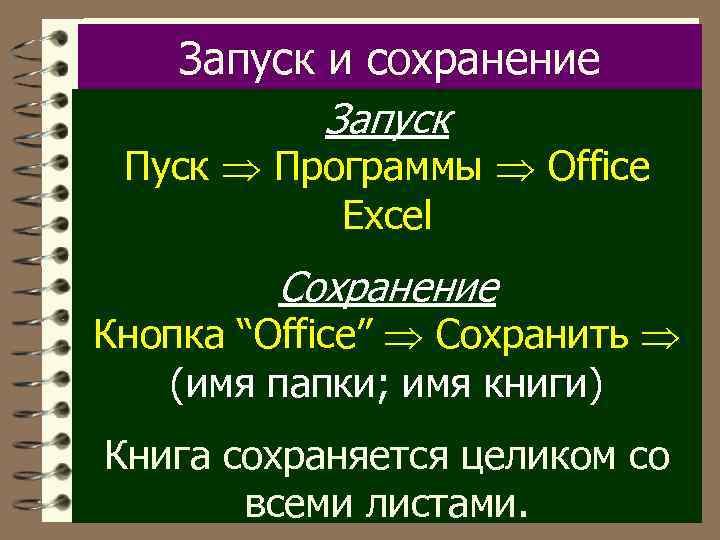 Запуск и сохранение Запуск Пуск Программы Office Excel Сохранение Кнопка “Office” Сохранить (имя папки;