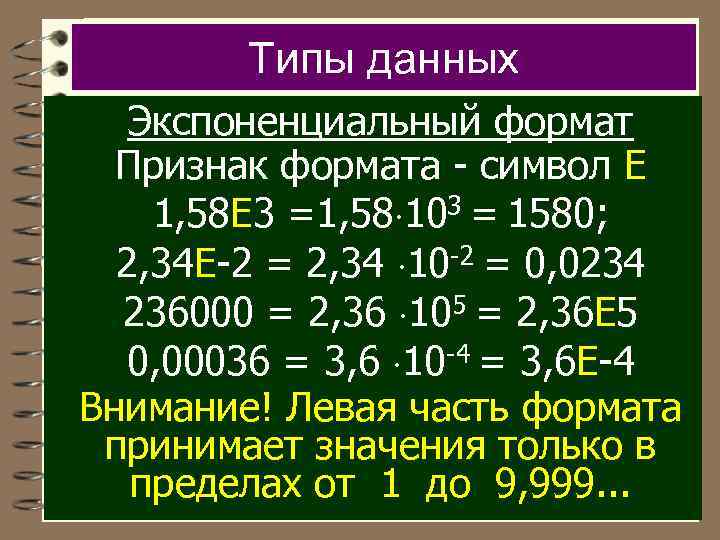 Типы данных Экспоненциальный формат Признак формата - символ Е 1, 58 Е 3 =1,