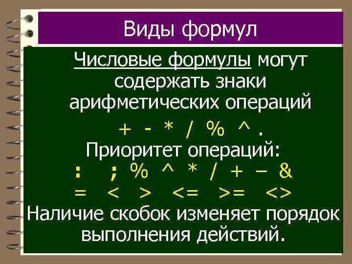 Виды формул Числовые формулы могут содержать знаки арифметических операций + - * / %