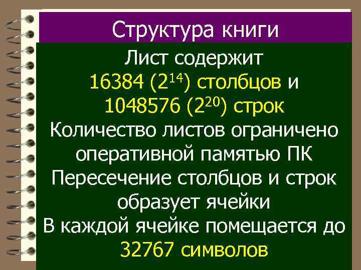 Структура книги Лист содержит 16384 (214) столбцов и 1048576 (220) строк Количество листов ограничено