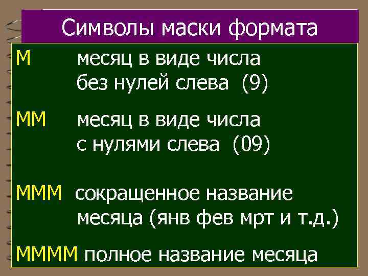 Символы маски формата М месяц в виде числа без нулей слева (9) ММ месяц