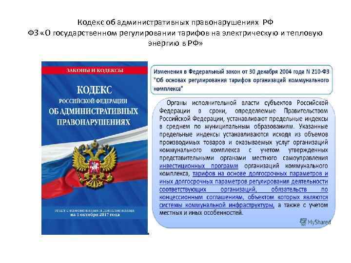 Кодекс об административных правонарушениях РФ ФЗ «О государственном регулировании тарифов на электрическую и тепловую