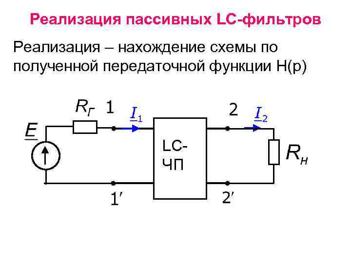 Реализация пассивных LC-фильтров Реализация – нахождение схемы по полученной передаточной функции Н(р) LCЧП 