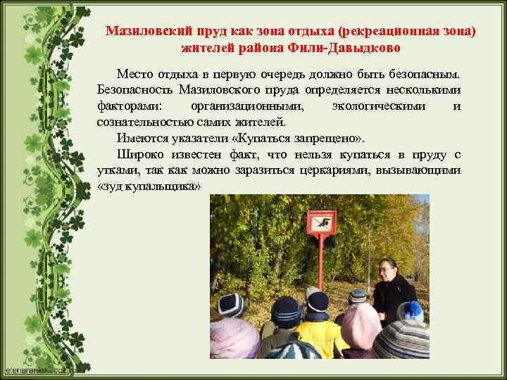 Мазиловский пруд как зона отдыха (рекреационная зона) жителей района Фили-Давыдково Место отдыха в первую