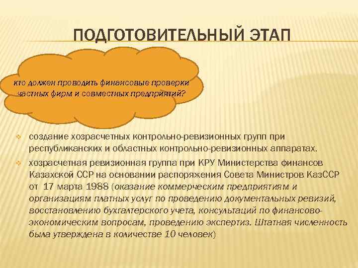 ПОДГОТОВИТЕЛЬНЫЙ ЭТАП кто должен проводить финансовые проверки частных фирм и совместных предприятий? v v