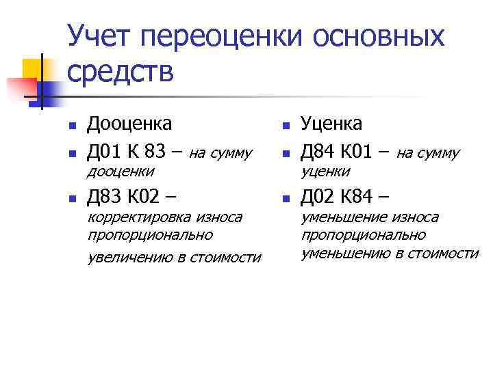 Учет переоценки основных средств n n Дооценка Д 01 К 83 – на сумму