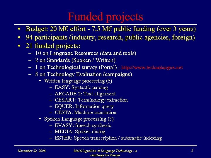 Funded projects • • • Budget: 20 M€ effort - 7. 5 M€ public