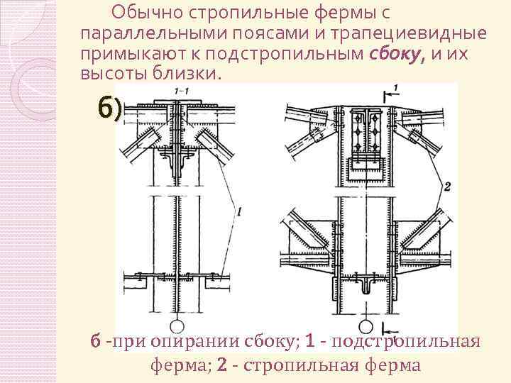 Обычно стропильные фермы с параллельными поясами и трапециевидные примыкают к подстропильным сбоку, и их