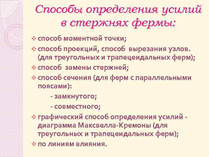 Способы определения усилий в стержнях фермы: v способ моментной точки; v способ проекций, способ