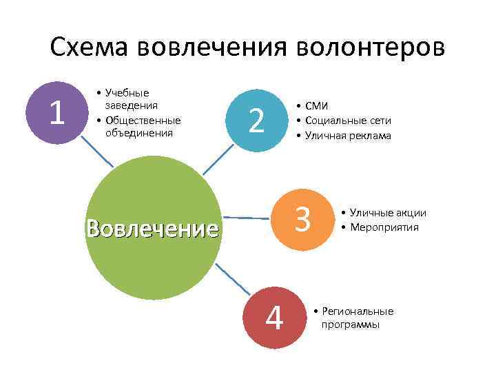 Схема вовлечения волонтеров 1 • Учебные заведения • Общественные объединения 2 • СМИ •