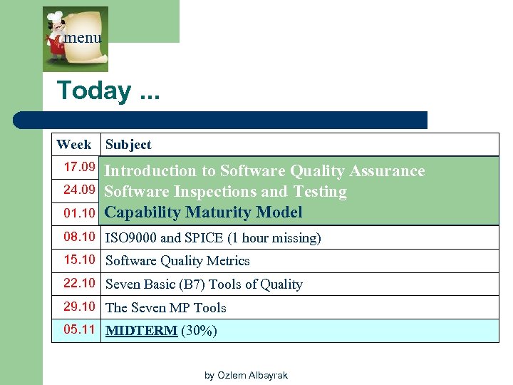 menu Today. . . Week Subject 17. 09 Introduction to Software Quality Assurance 24.