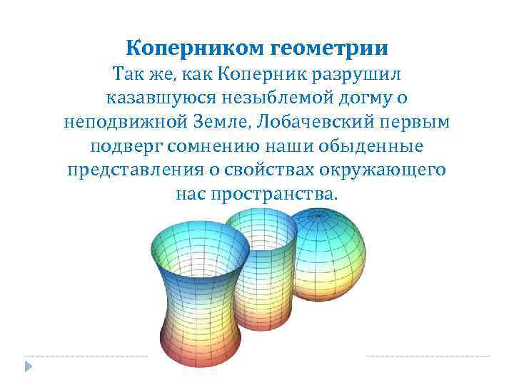 Коперником геометрии Так же, как Коперник разрушил казавшуюся незыблемой догму о неподвижной Земле, Лобачевский