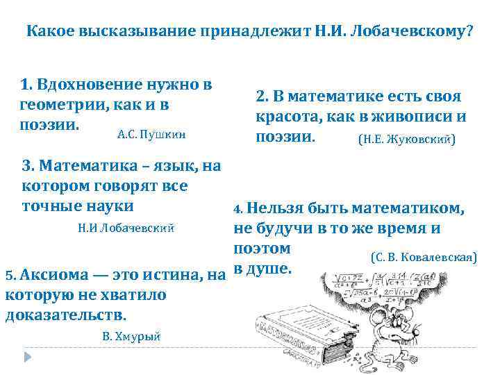 Какое высказывание принадлежит Н. И. Лобачевскому? 1. Вдохновение нужно в геометрии, как и в