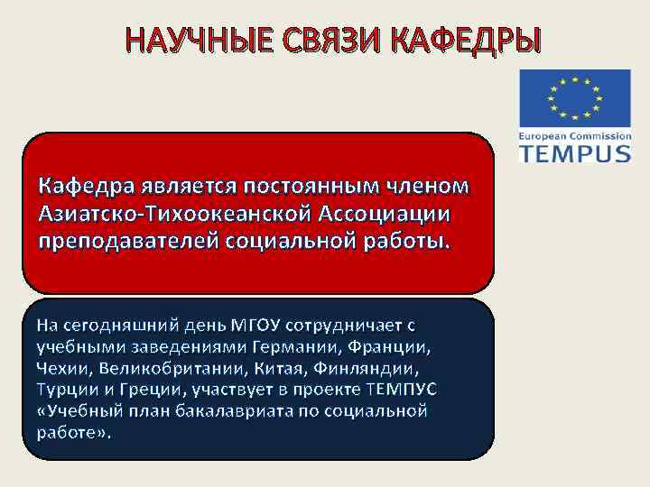 НАУЧНЫЕ СВЯЗИ КАФЕДРЫ Кафедра является постоянным членом Азиатско-Тихоокеанской Ассоциации преподавателей социальной работы. На сегодняшний