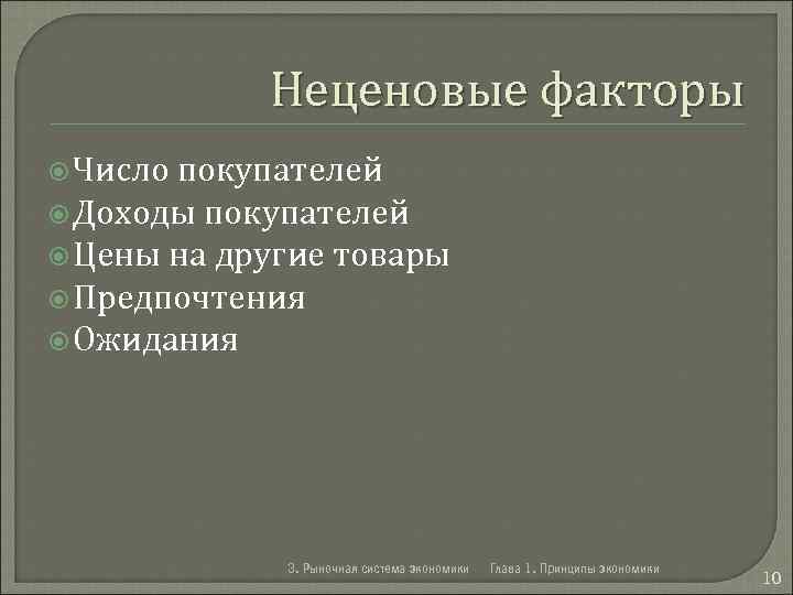 Неценовые факторы Число покупателей Доходы покупателей Цены на другие товары Предпочтения Ожидания 3. Рыночная