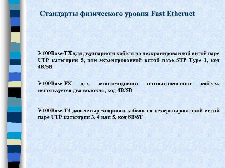 Стандарты физического уровня Fast Ethernet Ø 100 Base-TX для двухпарного кабеля на неэкранированной витой