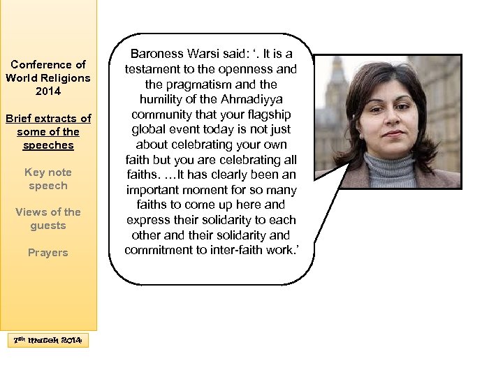 Conference of World Religions 2014 Brief extracts of some of the speeches Key note