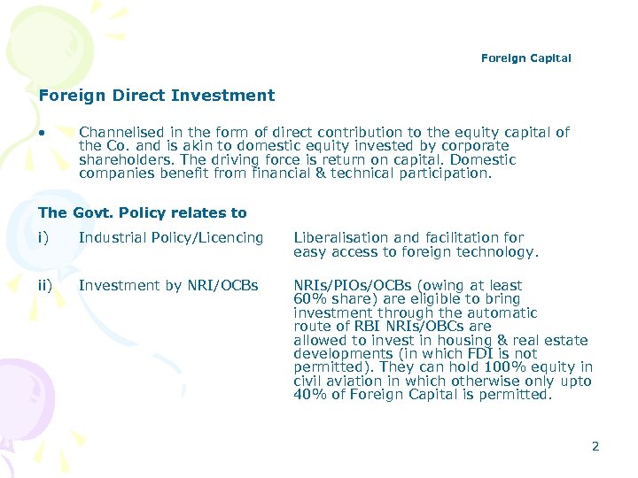 Foreign Capital Foreign Direct Investment • Channelised in the form of direct contribution to