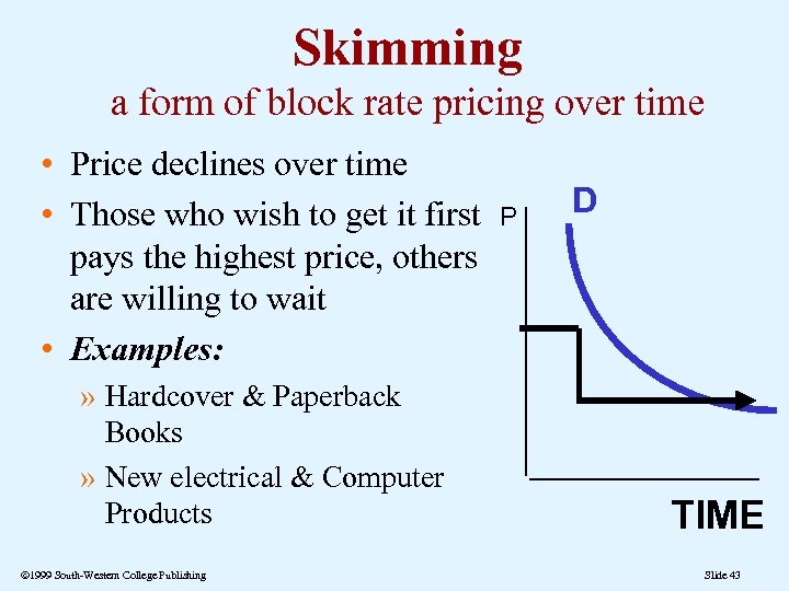 Skimming a form of block rate pricing over time • Price declines over time