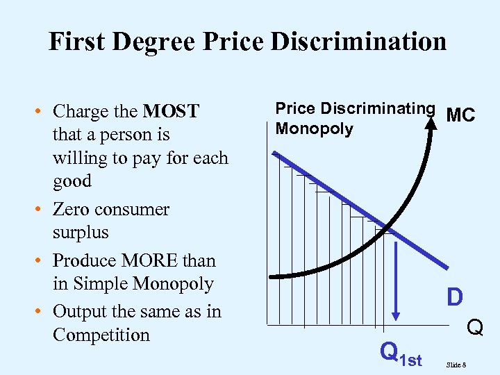 First Degree Price Discrimination • Charge the MOST that a person is willing to