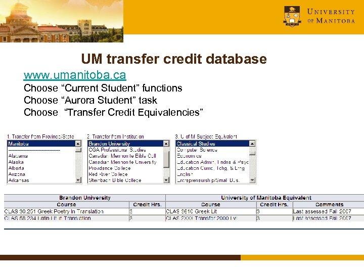UM transfer credit database www. umanitoba. ca Choose “Current Student” functions Choose “Aurora Student”