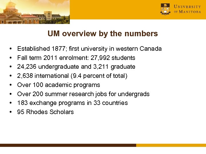 UM overview by the numbers • • Established 1877; first university in western Canada