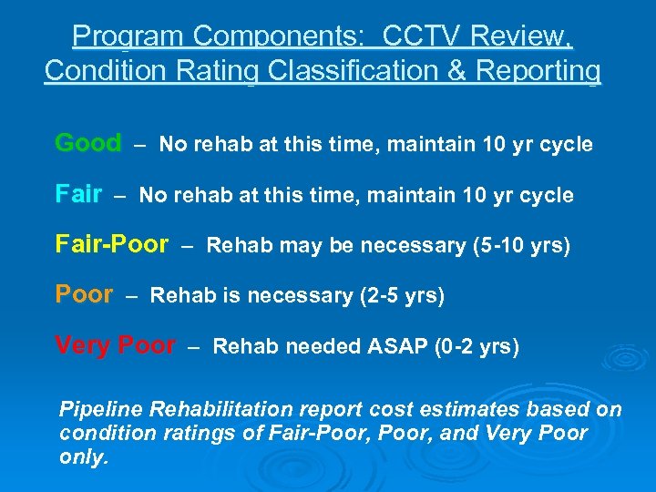 Program Components: CCTV Review, Condition Rating Classification & Reporting Good – No rehab at