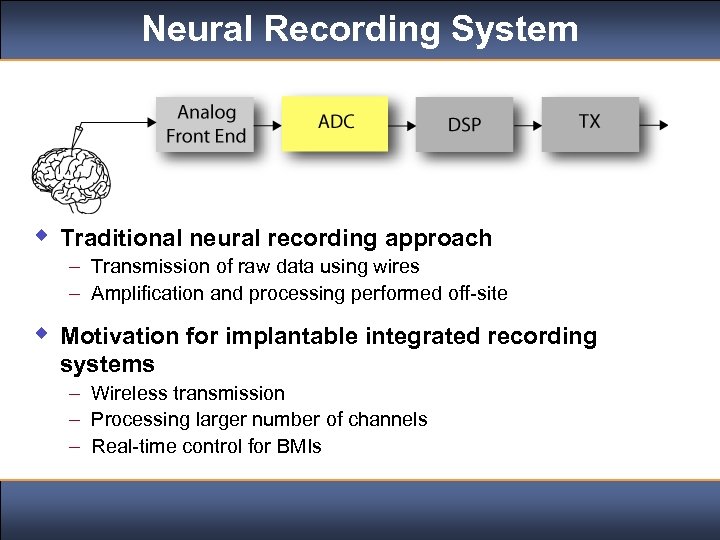 Neural Recording System Click to edit Master title style w Traditional neural recording approach