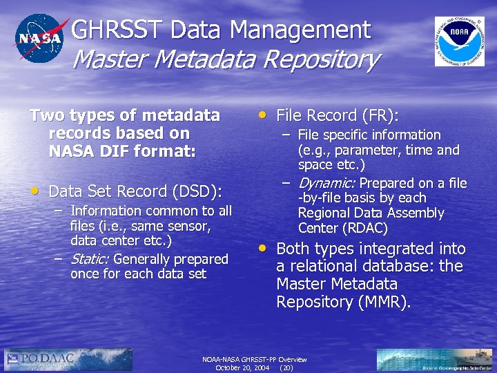 GHRSST Data Management Master Metadata Repository Two types of metadata records based on NASA