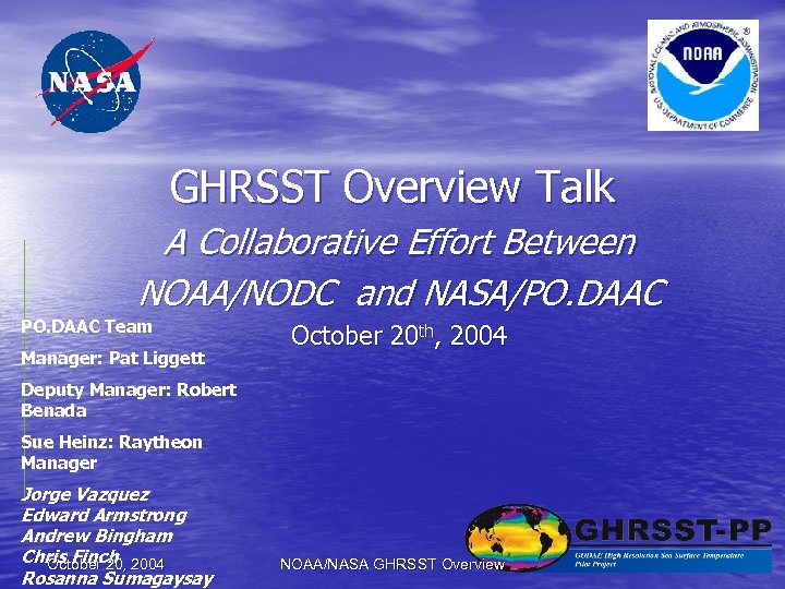 GHRSST Overview Talk A Collaborative Effort Between NOAA/NODC and NASA/PO. DAAC Team Manager: Pat