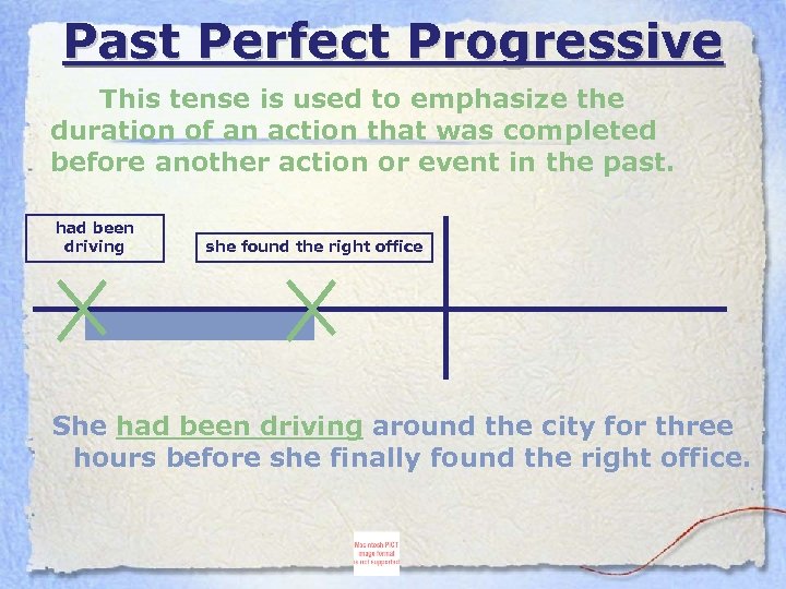 Past Perfect Progressive This tense is used to emphasize the duration of an action