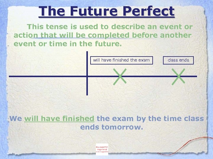 The Future Perfect This tense is used to describe an event or action that