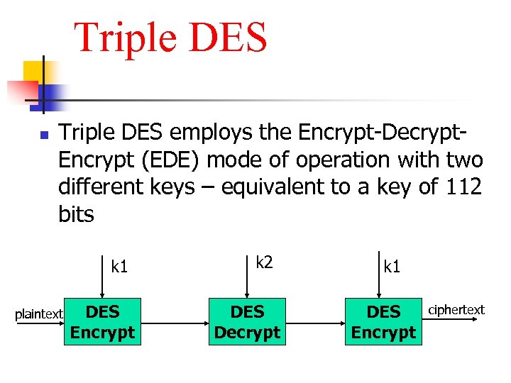 Triple DES n Triple DES employs the Encrypt-Decrypt. Encrypt (EDE) mode of operation with