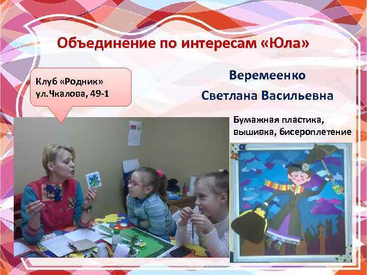Объединение по интересам «Юла» Клуб «Родник» ул. Чкалова, 49 -1 Веремеенко Светлана Васильевна Бумажная