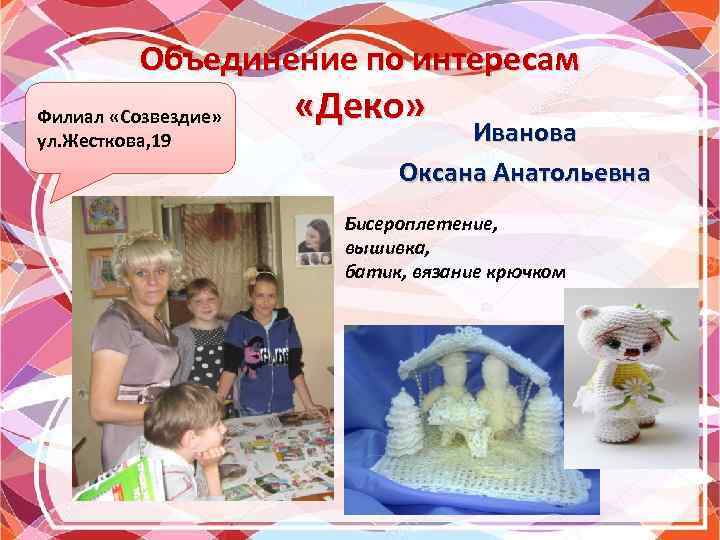 Объединение по интересам Филиал «Созвездие» ул. Жесткова, 19 «Деко» Иванова Оксана Анатольевна Бисероплетение, вышивка,