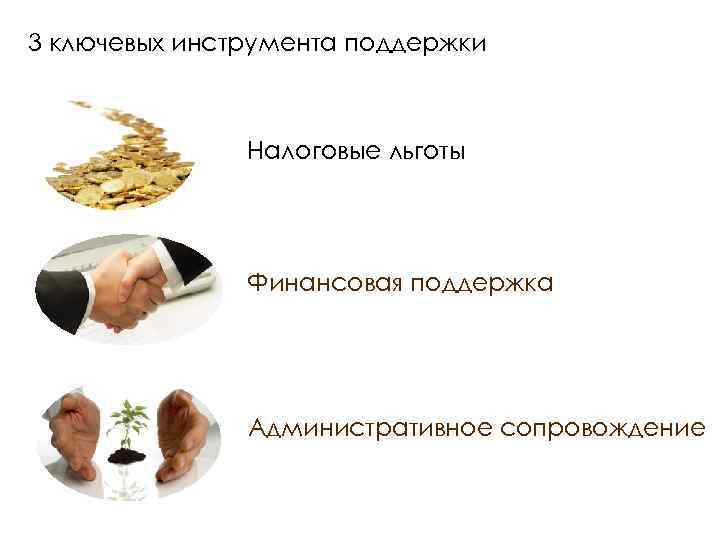 3 ключевых инструмента поддержки Налоговые льготы Финансовая поддержка Административное сопровождение 