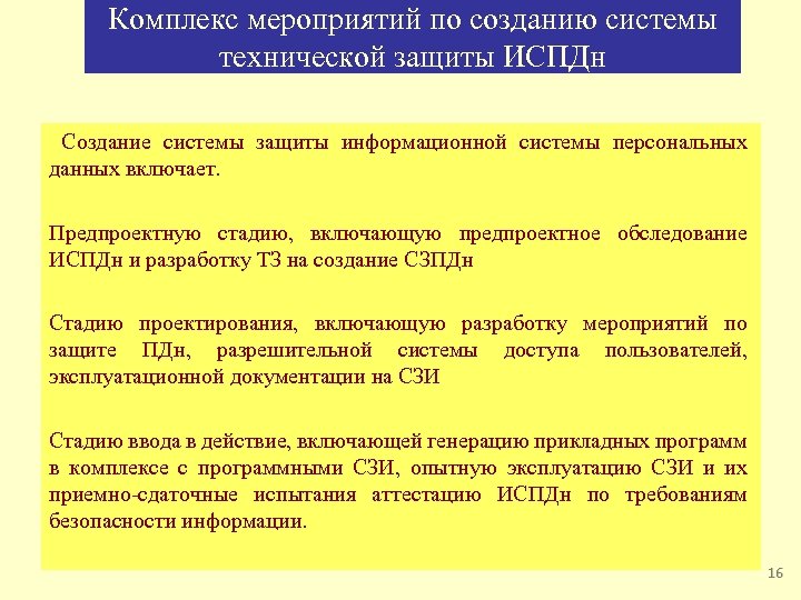 Комплекс мероприятий по созданию системы технической защиты ИСПДн Создание системы защиты информационной системы персональных