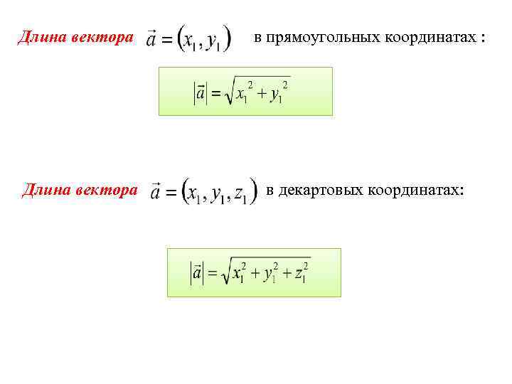 Длина вектора в прямоугольных координатах : Длина вектора в декартовых координатах: 
